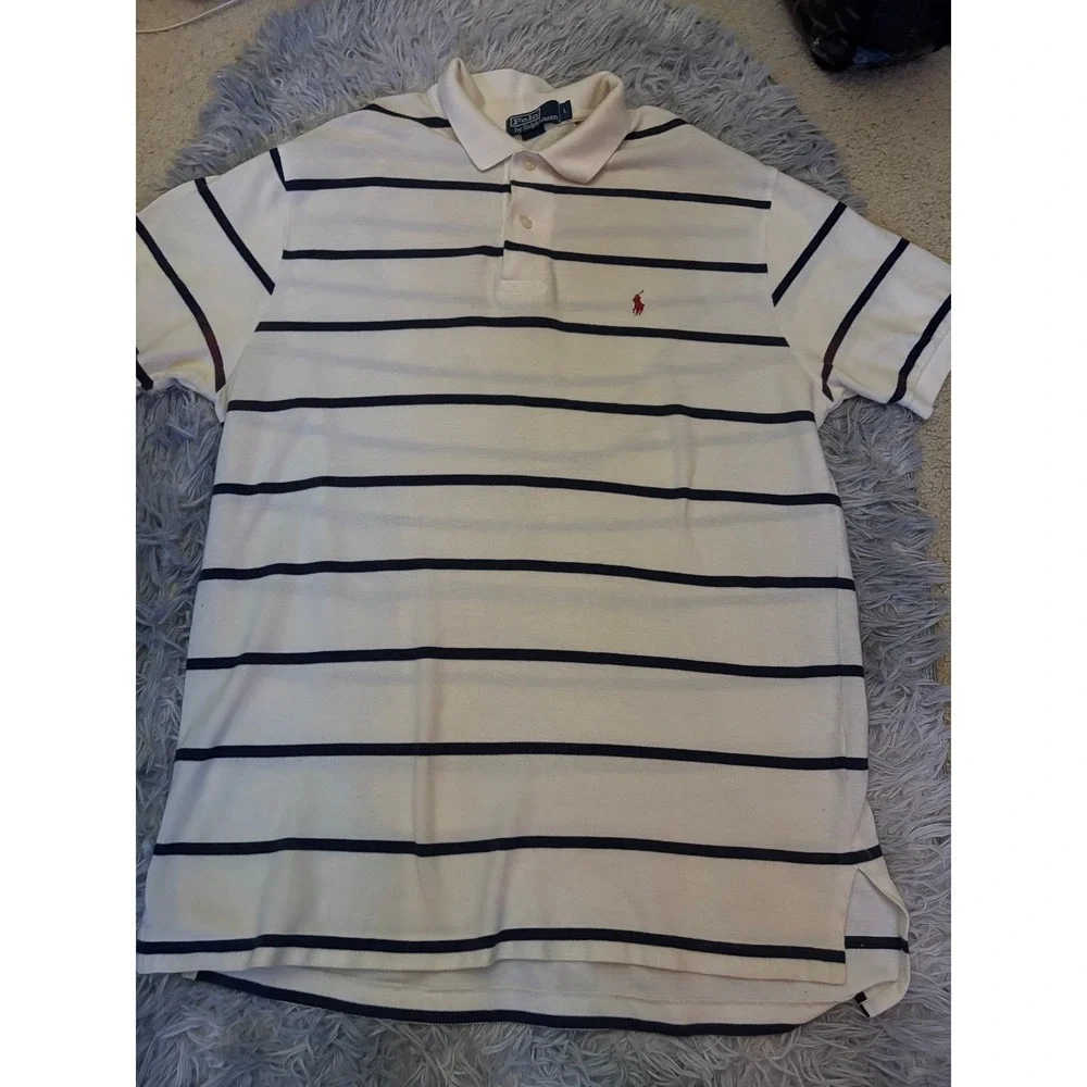 Polo Ralph Lauren Mens L Striped Polo Shirt White Navy Blue Red Pony Logo Cotton